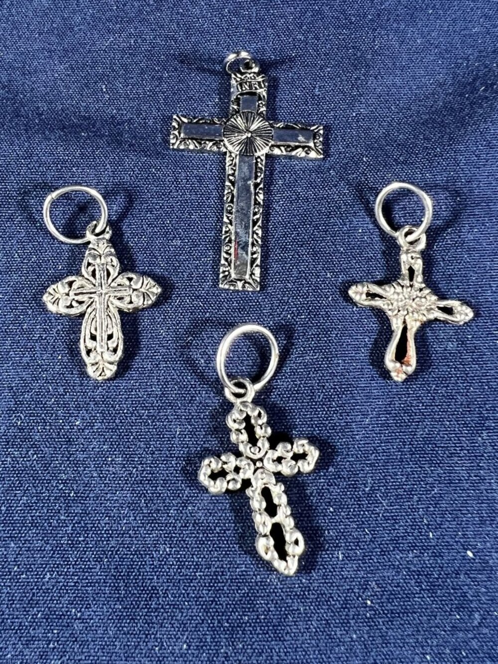 Set Of 4 Small Silver Cross Charms/Pendants With Intricate Designs For Jewelry M